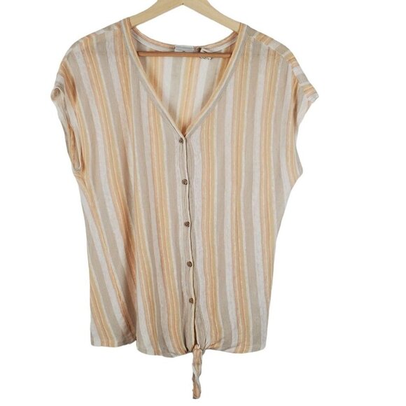 Rachel Zoe Shirt Medium Button up Cream Tan Linen‎ Stripes Lightweight Coastal - Picture 1 of 10